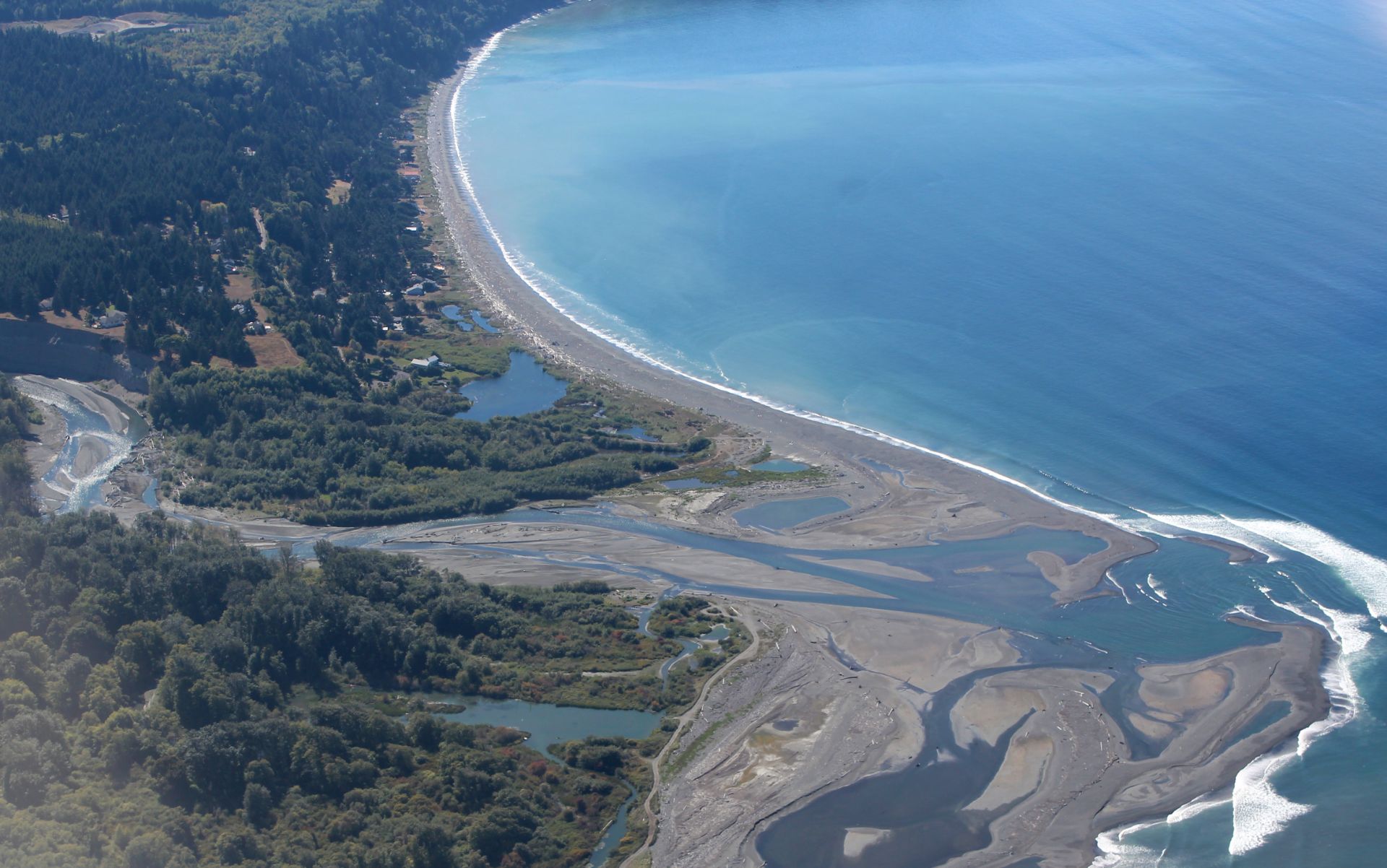 Aerial view of the Elwha River meeting the Strait of Juan de Fuca after dam removal