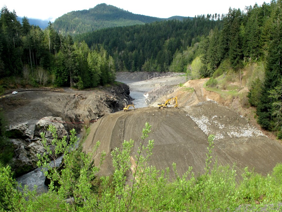 The restored river channel running through the former Elwha Dam site